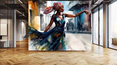 Watercolor image of a beautiful cuban woman dancing on a street. Generated ai. Wall mural