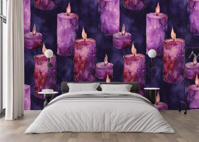 watercolor seamless pattern with purple burning candles on a dark background Wall mural