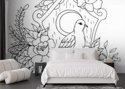 Illustration. A bird on a tree branch near its house. Coloring book. Antistress for adults and children. The work was done manually. Black and white. Wall mural