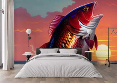 illustration with red drum fish jumping out of the water at sunset of the day Wall mural