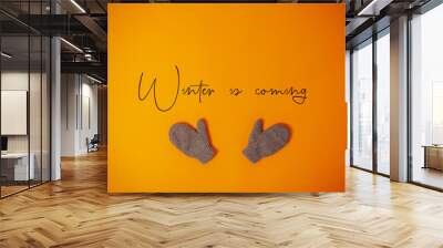 Orange christmas card with space for text. Mittens on the orange background. Winter warmth. Wall mural