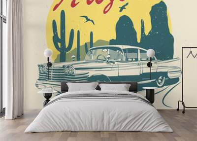 Arizona typography for t-shirt print with sign route 66 and retro car.Vintage poster. Wall mural