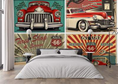 Set of vintage car metal signs,Garage, Filling Station, Tire Shop retro poster. Wall mural