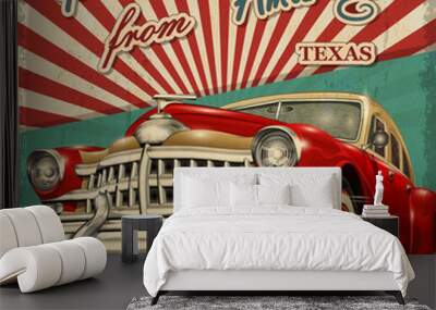 Vintage touristic greeting card with retro car.Amarillo.Texas. Wall mural