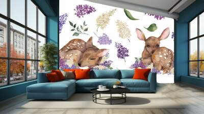 Watercolor spring illustration with cute baby deer, butterfly and spring flowers, isolated on white background. Wall mural