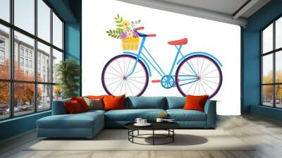 Ladies womens bicycle with basket of flowers. City bicycle. Summer travel, cycling. Healthy lifestyle. Romance. Colorful flat vector illustration isolated on white background Wall mural