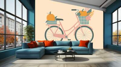 Retro bike with basket of autumn vegetables. Pumpkin, autumn leaves in wicker basket. Vintage autumn postcard, poster. Harvesting. Autumn nature romance journey concept. Flat vector illustration Wall mural