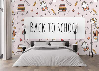 School banner with pattern of school stationery, educational supplies. Back to school concept. Decoration, design for banners, paper, textiles, fabric, wallpaper. Vector illustration Wall mural