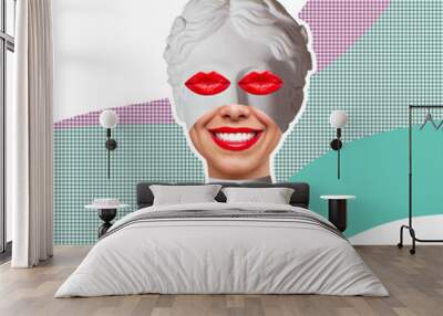 Antique smiling statue's head  with red lips on her eyes on pink and turquoise color background. 3d trendy collage in magazine surreal style. Contemporary art. Modern design Wall mural