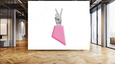 Female hand in a pink sleeve showing a peace gesture isolated on white texture background. 3d trendy collage in magazine style. Contemporary art. Modern design. Victory hand sign Wall mural