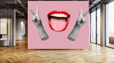 Two female hands showing a peace gesture and women wide open mouth showing tongue isolated on a pink color background. Trendy abstact collage in magazine style. 3d contemporary art. Modern design Wall mural