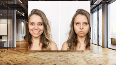 Two portraits of a young caucasian beautiful blonde woman with wavy hair: cheerful and sad isolated on a white background. Before and after. A smile affects appearance. Negative and positive emotions Wall mural