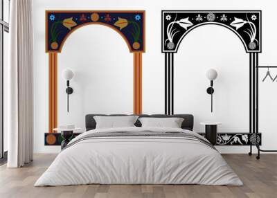 Two decorative frames with arch. Ethnic floral motifs, black and colorful. Folk ornaments for decoration and design. Wall mural