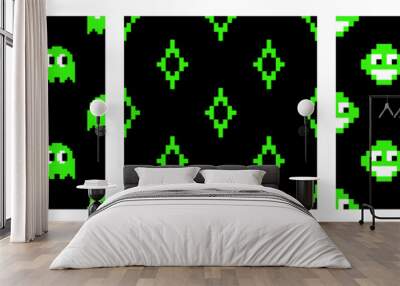 Set of acid seamless patterns in green. Pac man pattern, emoticon, star. Vector patterns on a black background in trendy Y2K style, 90s. Wall mural