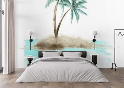 An island with palm trees in the sea, watercolor illustration. Summer time print. Wall mural