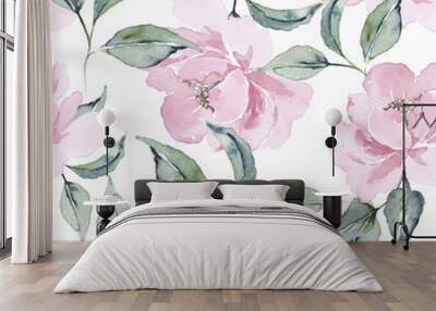 Seamless pattern of delicate pink peony flower watercolor and leaves Wall mural