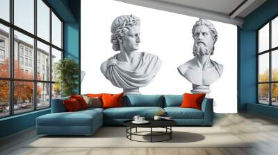 There are four busts of ancient Greek men displayed against a white background Wall mural