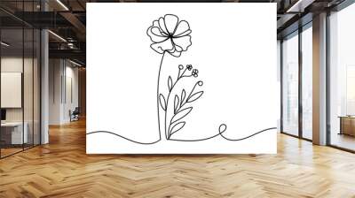 Hand drawn flower continuous. Spring flower with leaves. Botanical decorative drawing element. Vector illustartion Wall mural