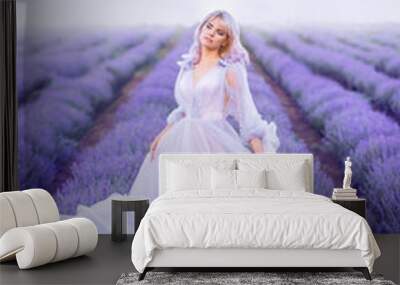 beautiful young woman in long purple dress standing posing on lavender field, full length Wall mural