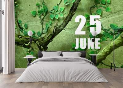 Calendar date on light green background with snake crawling on tree branch. June 25 is the twenty-fifth day of the month Wall mural