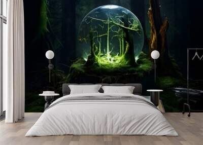 symbol of the moon, a crystal ball lying on a stump in the forest that is covered with moss on a dark natural background. pagan Wiccan,  Wall mural