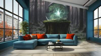 symbol of the moon, a crystal ball lying on a stump in the forest that is covered with moss on a dark natural background. pagan Wiccan Wall mural