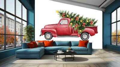 Christmas red vintage pick up with christmas tree and gifts. Hand painted watercolor illustration isilated on white background Wall mural