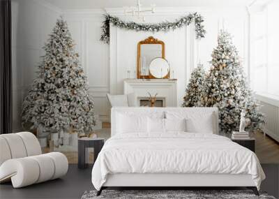 Beautiful Christmas tree in a decorated bright living room. Festive New Year's interior. Wall mural