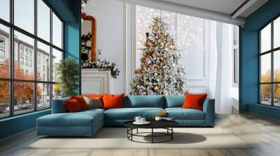 Beautiful festively decorated room with a Christmas tree. Cozy bright living room with stylish modern decor. Wall mural