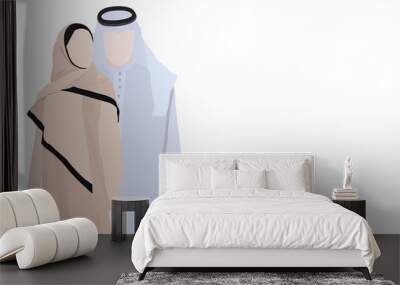 Vector stock illustration of a Muslim family man and woman. With space for text. Traditional Muslim clothing of Kuwait. Residents of the UAE. The banner of the Islamic countries. Wall mural