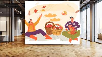 Autumn banner template with people enjoying autumn fruit harvest and seasonal weather, flat vector illustration isolated on white background. Seasonal banner or card template with happy man and woman. Wall mural