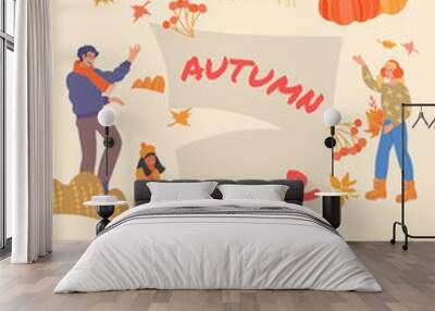 Autumn fair or harvest festival banner or poster layout with cartoon people. Poster, flyer or banner template on annual autumn or fall season sales events, flat vector illustration. Wall mural