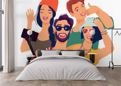 Best friends taking selfie with smartphone flat vector illustration isolated. Wall mural