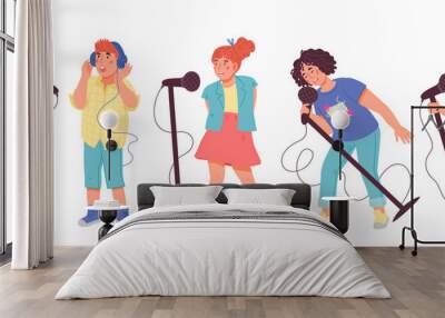 Children singing with microphones, standing in a row, flat vector illustration isolated on white background. Kids perform at a concert. Cartoon characters of singing kids. Wall mural