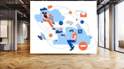 Cloud networking and social media communication concept with people working on laptop. Connectivity, cloud storage and worldwide information sharing technology. Cartoon vector illustration. Wall mural