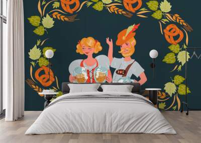 Couple of man and woman in German traditional costume with Oktoberfest beer mugs and frame with pretzels and hop leaves flat vector illustration. Autumn beer festival banner, card or poster. Wall mural