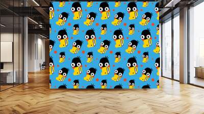 Seamless pattern with cartoon funny black duck. Vector pattern. Flat fancy colorful illustrations of crazy big-headed smiling birds. Isolated. Design for textiles, wrapping paper and wallpaper. Wall mural