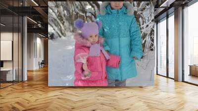 Girls walk in the winter snow-covered forest 
 Wall mural