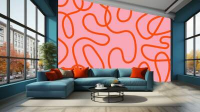 Pattern of red lines, squiggles on a pink background. One line drawing Wall mural