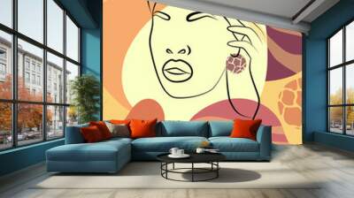 Beautiful African woman. Wall art in the style of Pop art. Colorful wall art. Boho style. Portrait of a girl with a line. Wall mural