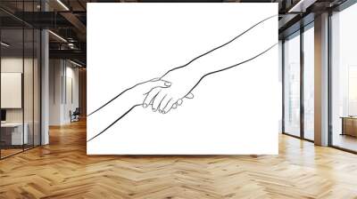 The doors of the hand are a black line. Holding hands. By drawing a single line on a white background. Vector illustration. Wall mural