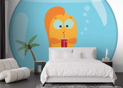 Cartoon vector gold fish illustration isolated on white background. Small yellow funny cute pet. Summer rest. Palm beach. Underwater life. Glass aquarium. Lemonade Wall mural