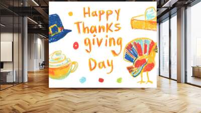 Set of Thanksgiving wax illustrations on white isolated background in doodle.A collection of textured,autumn,brightly colored hand drawn oil pastel pictures in a children's style.Designs for stickers. Wall mural