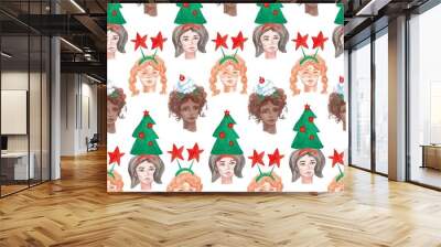 Watercolor seamless pattern with a girl of African,Asian and European race in a Christmas hat.New Year print of a woman on white isolated background.Design for packaging,wrapping paper,textile. Wall mural