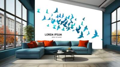 A flock of blue watercolor flying birds. Free birds abstraction Vector illustration Wall mural