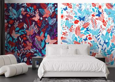 A seamless background with red and blue flowers and leaves. Dark and light background. Vector illustration Wall mural