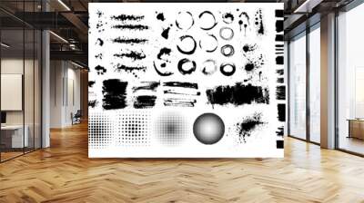 Big set of blots and vector abstract elements. Black inked splatter dirt stain splattered spray splash with drops blots isolated. Ink splashes stencil. Drops blots isolated. Wall mural