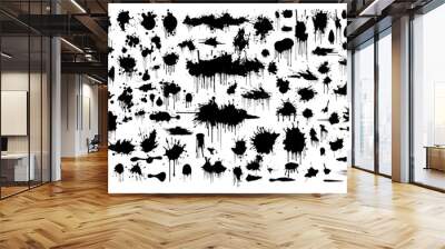 Black ink spots set on white background. Ink illustration. Wall mural