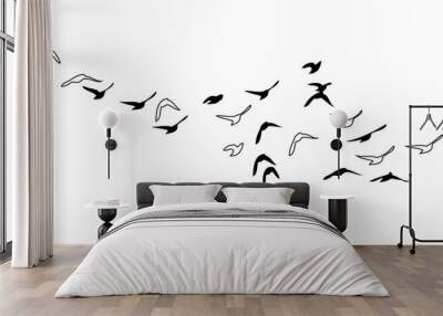 Flying birds silhouette flock. hand drawing. Not AI, Vector illustration Wall mural