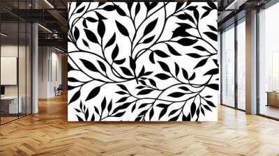 Monochrome seamless background twigs and leaves. Vector illustration Wall mural